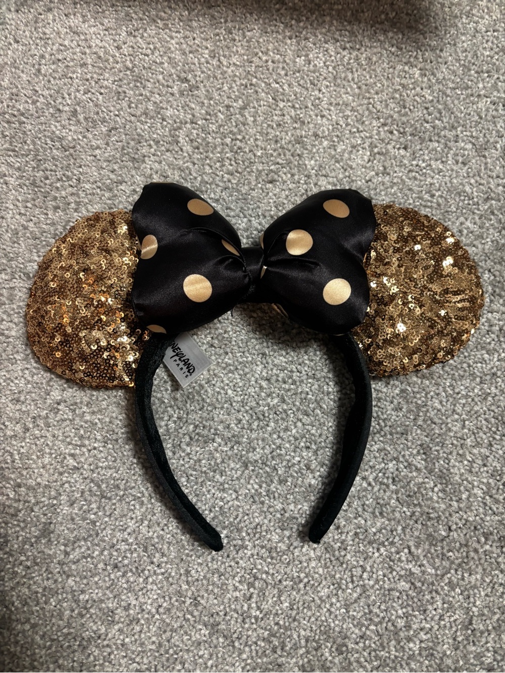 Disneyland Paris - Gold Sequin Minnie Ears Headband with Black Polka Dot Bow